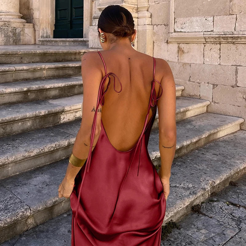 Silk-Feel Backless Slip Dress