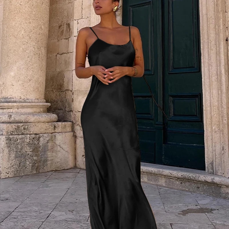 Silk-Feel Backless Slip Dress