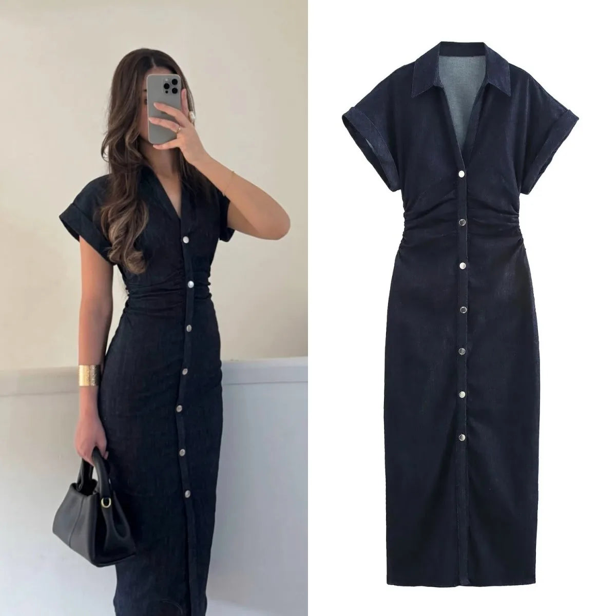 Button-Down Denim Midi Dress