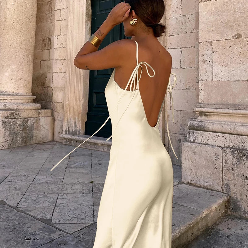 Silk-Feel Backless Slip Dress