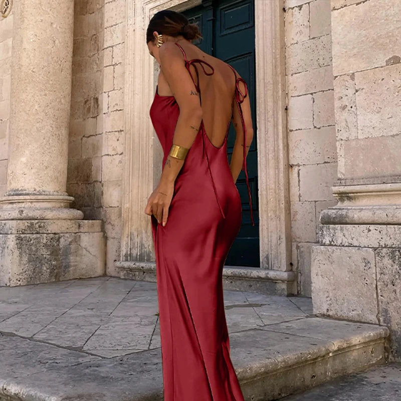 Silk-Feel Backless Slip Dress