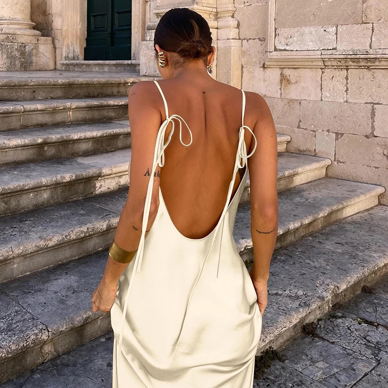 Silk-Feel Backless Slip Dress
